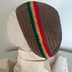 Brown Crochet Beanie Tam with Rasta Color Stripes